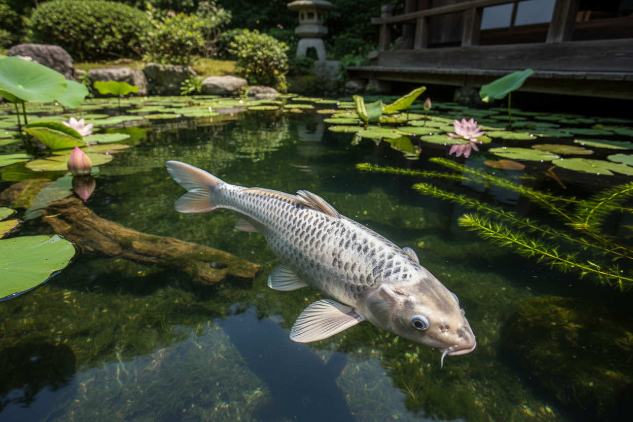 Gin Matsuba koi — hero lifestyle shot showing silver metallic scales