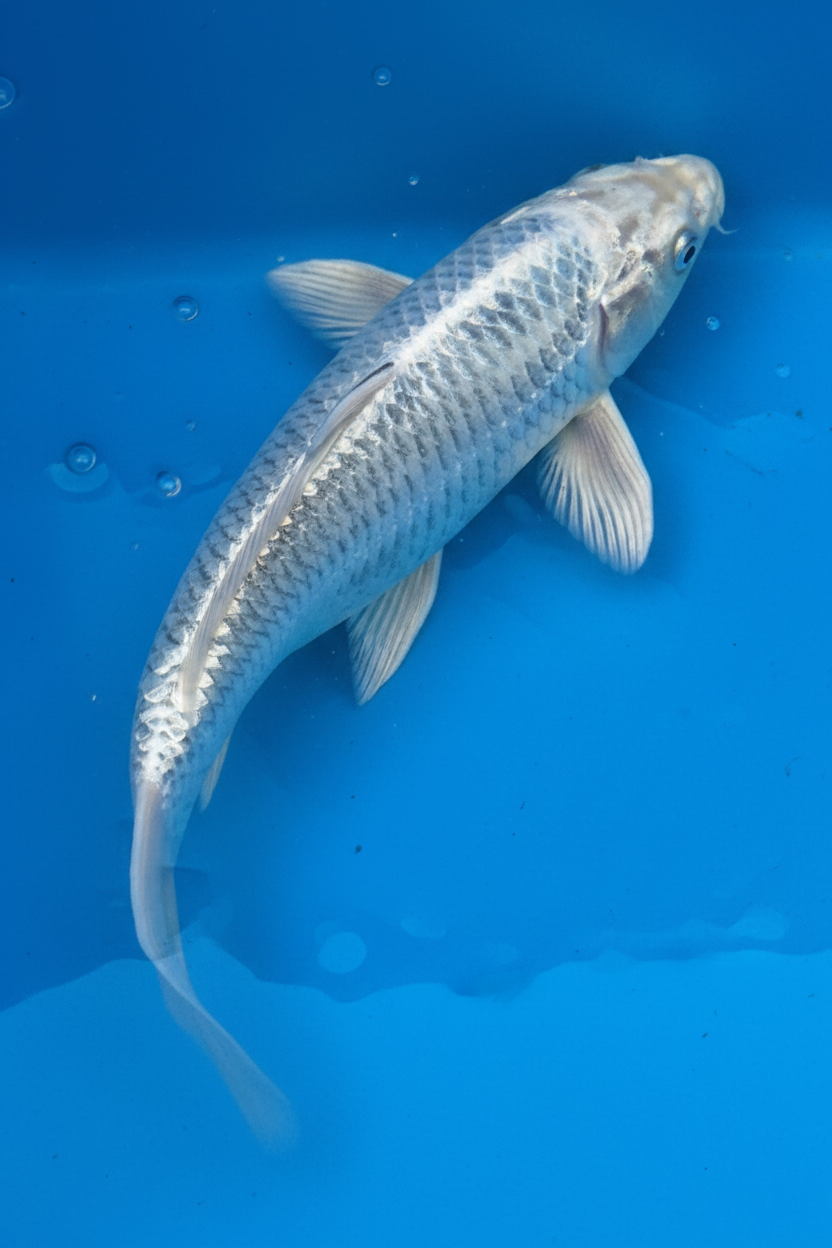Gin Matsuba koi — side angle showing metallic silver sheen