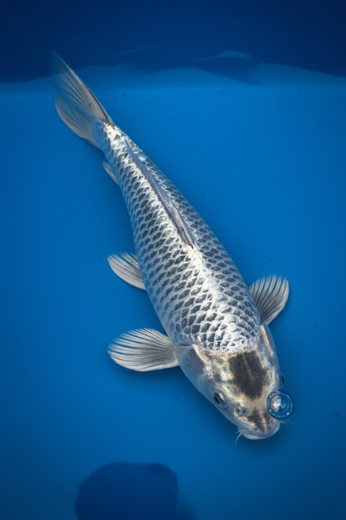Gin Matsuba koi — three quarter view showing body depth and coloration