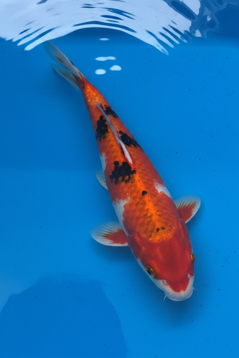 10"-12" Hi Showa Select koi — top-down view showing vivid orange-red hi-dominant body with distinct black sumi patches