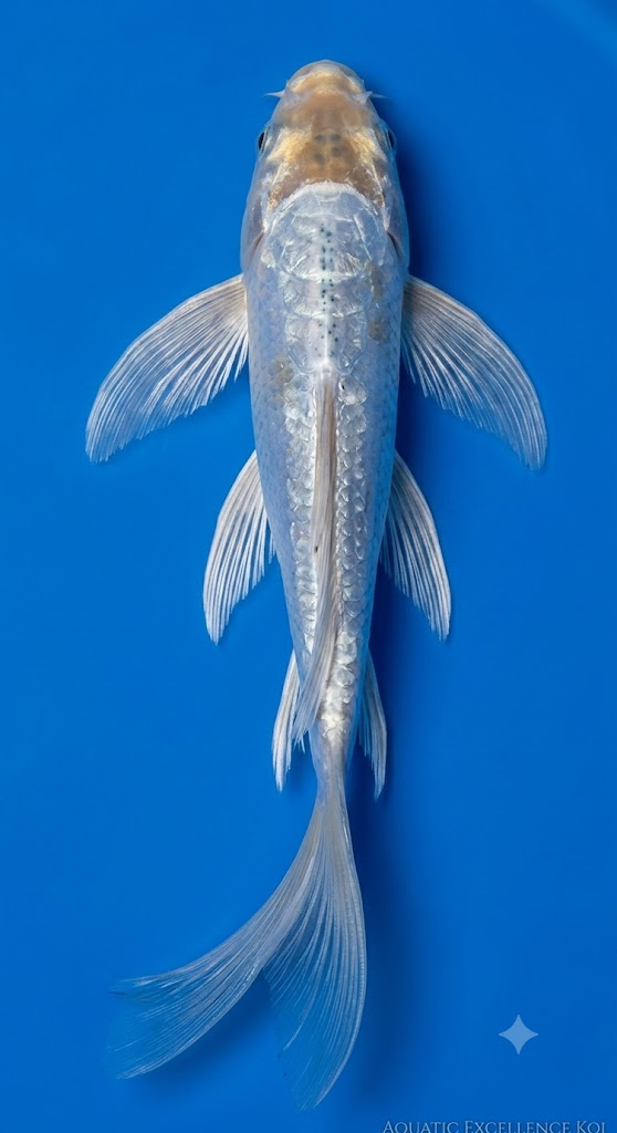10"-12" Platinum Ogon Butterfly Premium koi — top-down view showing brilliant platinum-white body and long flowing butterfly fins