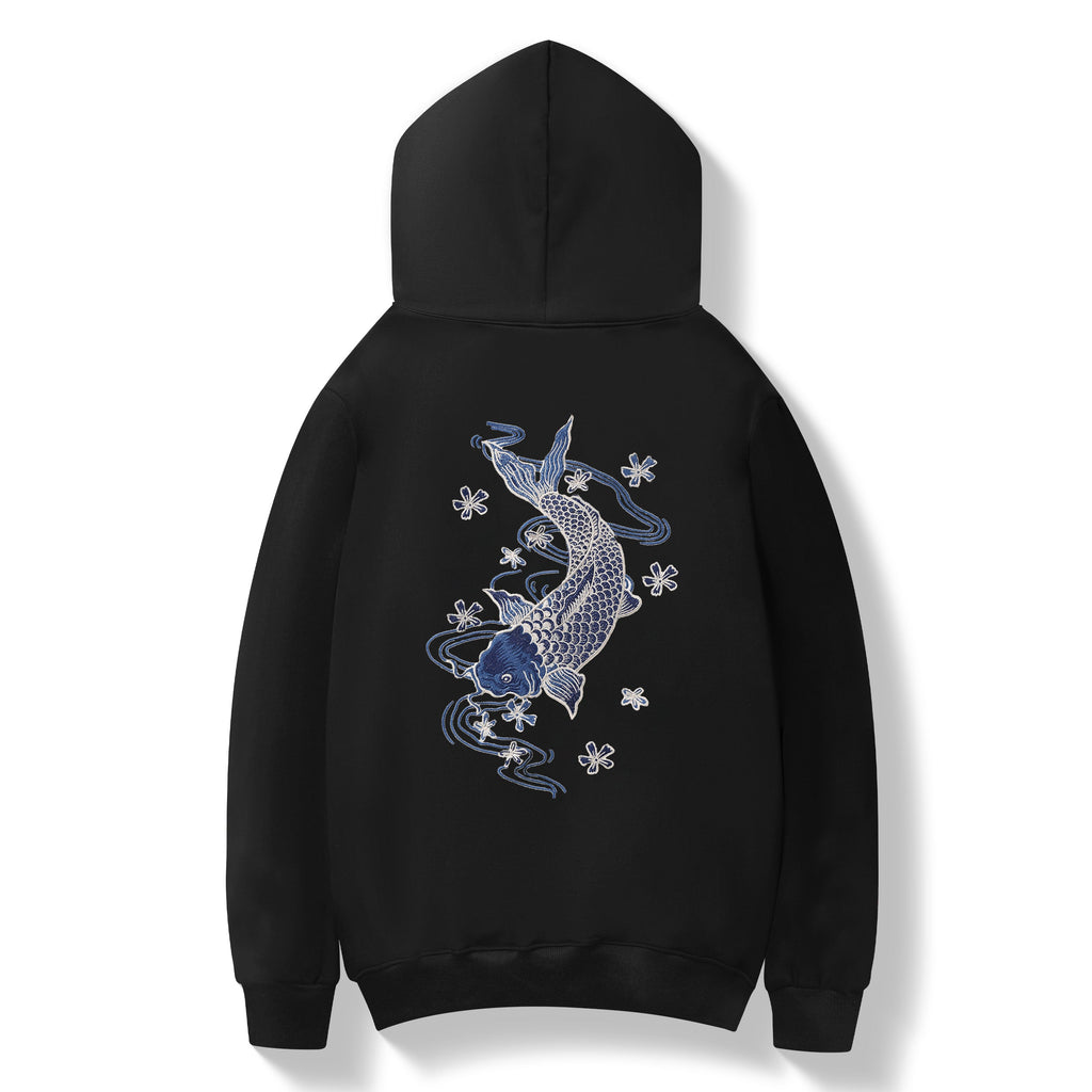 Blue Koi Embroidery Hoodie