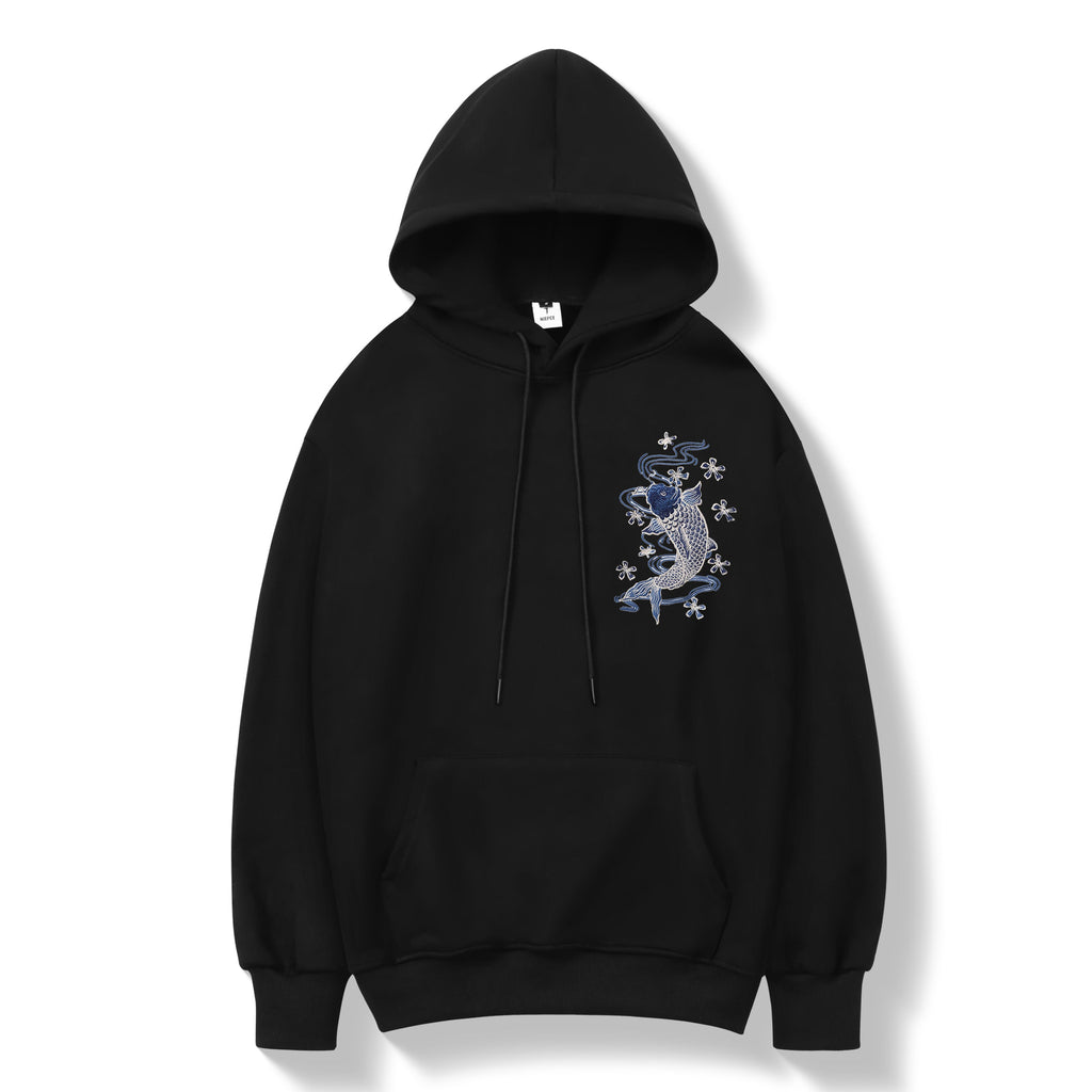 Blue Koi Embroidery Hoodie