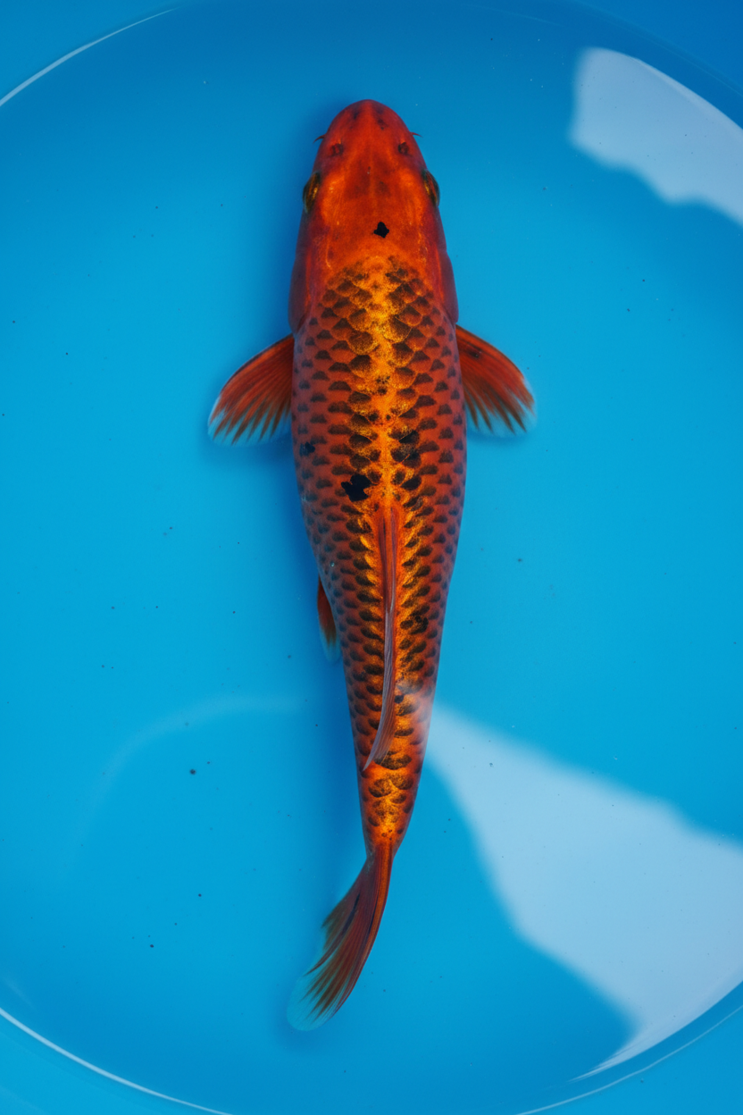 10"-12" Kin Hi Matsuba Premium koi — side view showing full body shape, golden metallic sheen, and pine-cone scale pattern