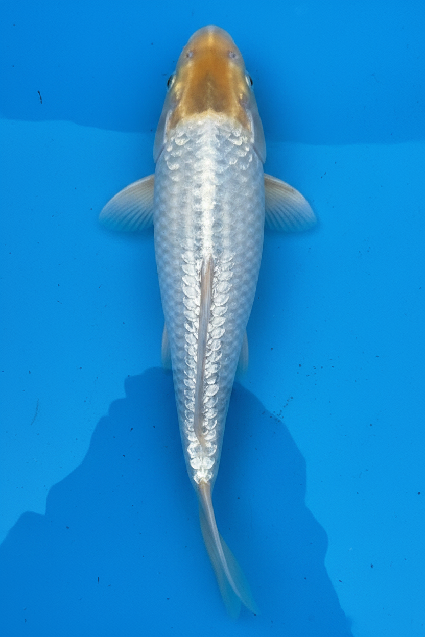 10"-12" Platinum Ogon Premium koi — straight top-down view showing full body silver metallic sheen, scale definition, and golden-amber head cap