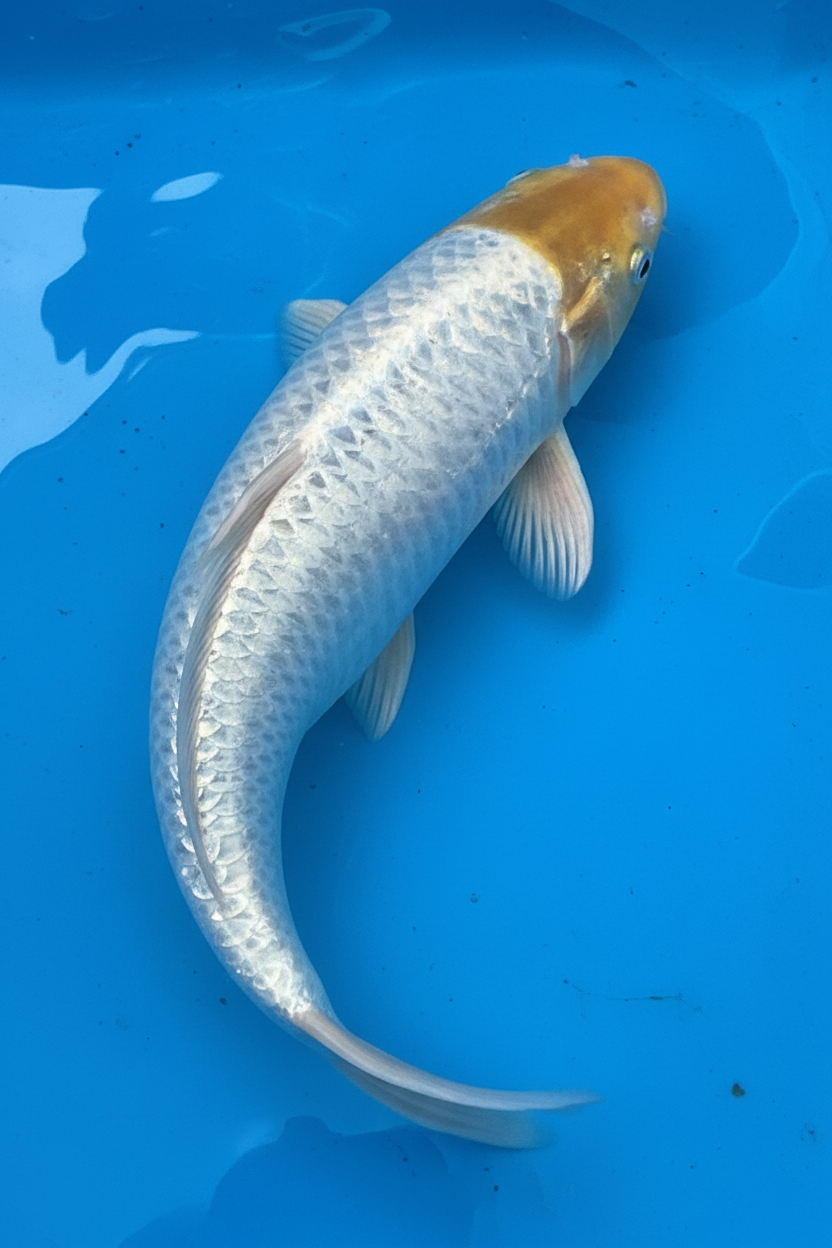 10"-12" Platinum Ogon Premium koi — side-angle top-down view showing brilliant silver-white metallic body with warm golden head and defined scale pattern