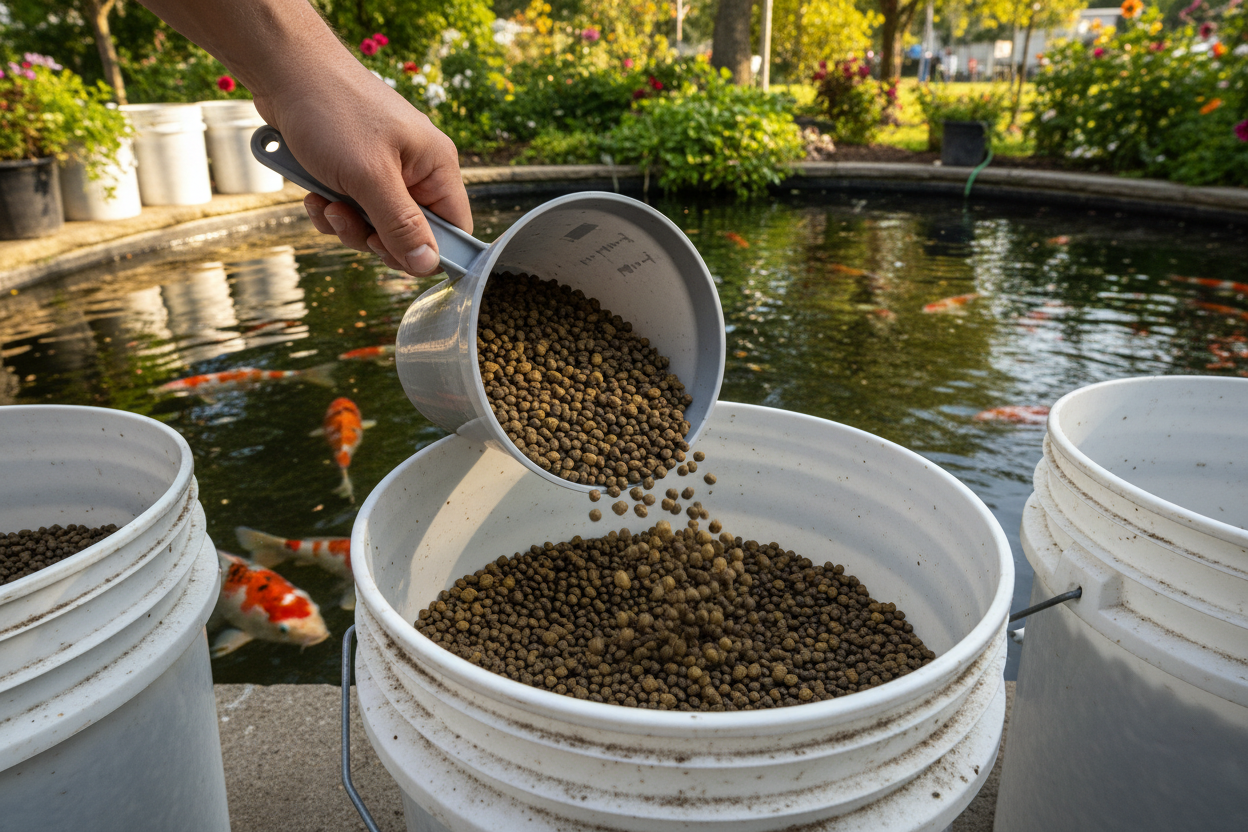Scooping Koi Food from Bucket