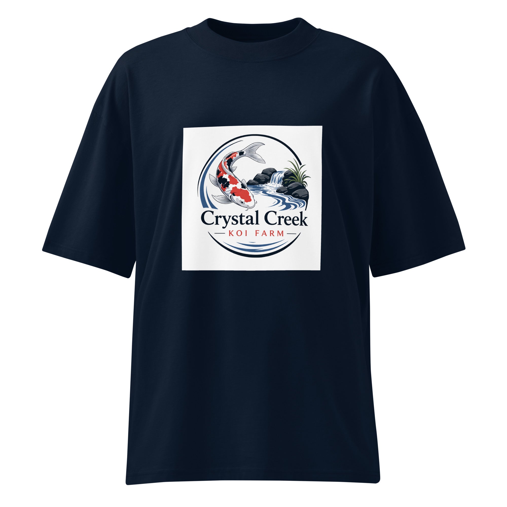 Crystal Creek Koi Farm Logo Tee — front view, French Navy organic oversized t-shirt