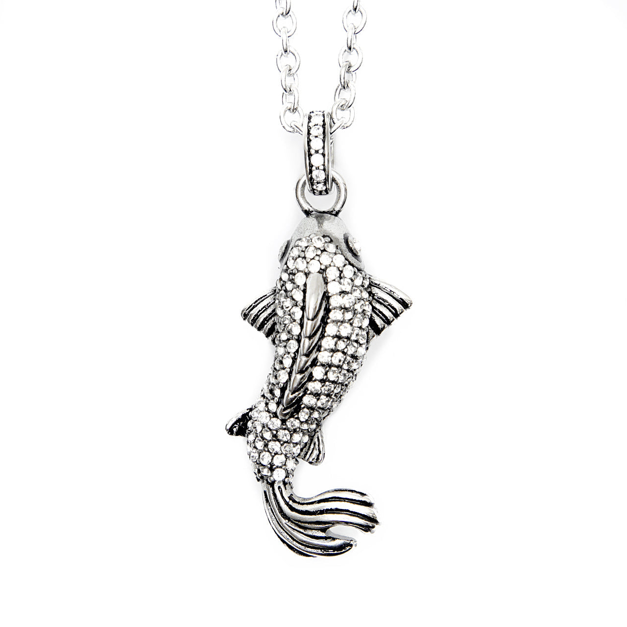 White Koi Fish Pendant Necklace Silver Crystal Charm